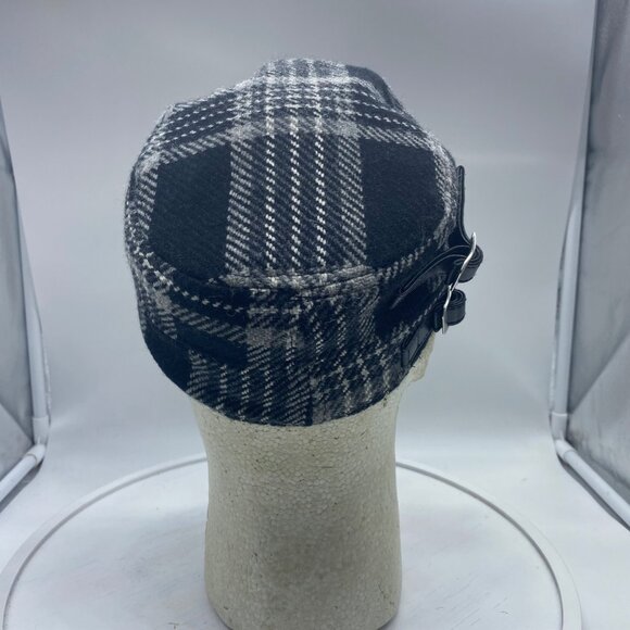 New York & Company Plaid Wool Blend Newsboy Cap Women S/M Side Buckles Black - Picture 3 of 6